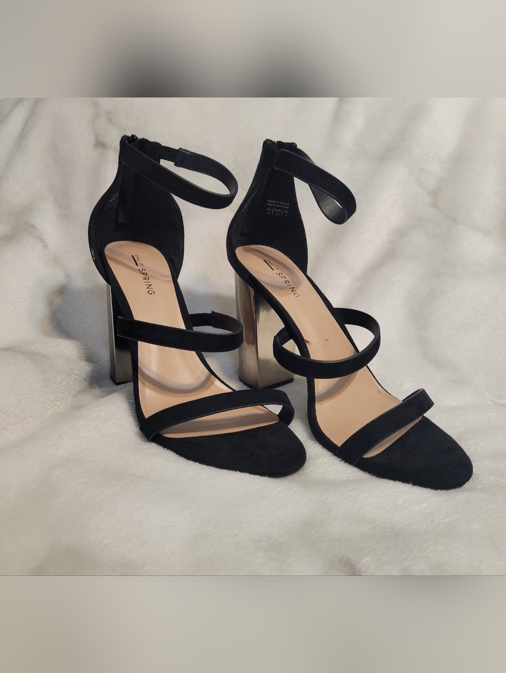 Call It Spring Black Strappy Block Metallic Heels